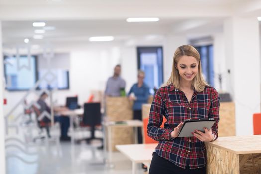 portrait of young business woman at modern startup office interior, team in meeting in background