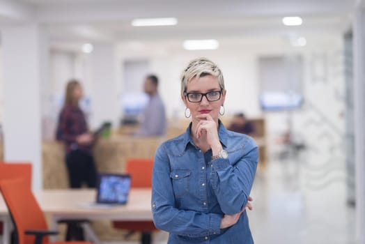 portrait of young business woman at modern startup office interior, team in meeting in background