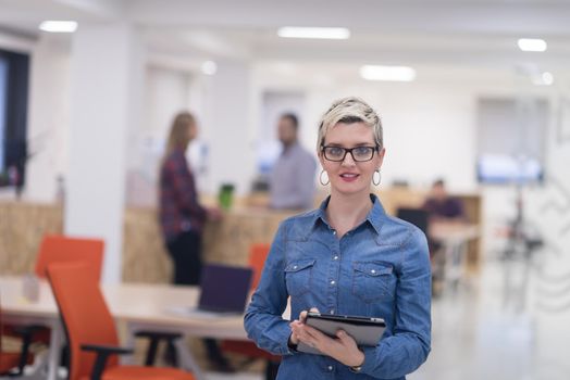 portrait of young business woman at modern startup office interior, team in meeting in background