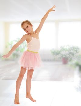 Charming little girl ballerina in a pink translucent dress.On the background of the school hall with large Windows.