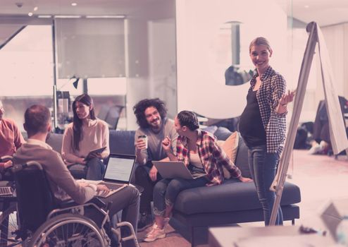 Pregnant Businesswoman Leads Creative Meeting Of Diverse Business Team In Modern Coworking Open Space Office, Disabled coworker in wheelchair attending training 