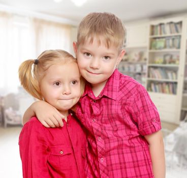 The concept of family happiness,and preschool education of the child , against a child's room with bookshelves.Little brother and sister cute hug.