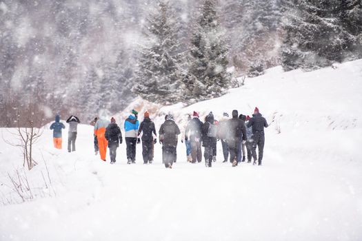 group of young business people walking through beautiful winter landscape with snowflakes around them during a team building in the mountain forest