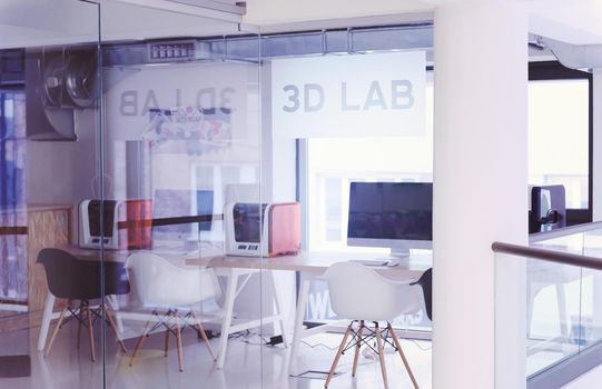 3D lab, new technology laboratory classroom. Startup business modern office interior