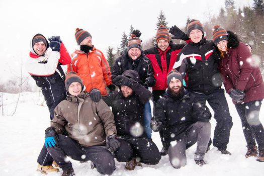 group portrait of young happy business people enjoying snowy winter day with snowflakes around them during a team building in the mountain forest