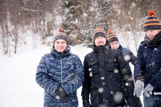 group portrait of young happy business people enjoying snowy winter day with snowflakes around them during a team building in the mountain forest