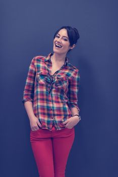 portrait of young startup business woman at modern office, grey chalkboard wall in background