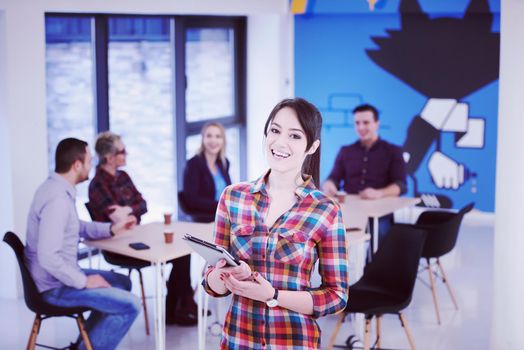 portrait of young business woman at modern startup office interior, team in meeting in background