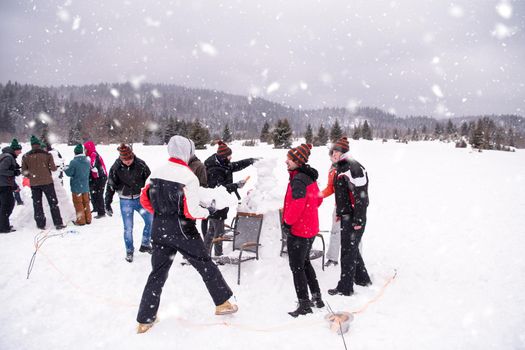 group of young happy business people having a competition in making snowmen while enjoying snowy winter day with snowflakes around them during a team building in the mountain forest