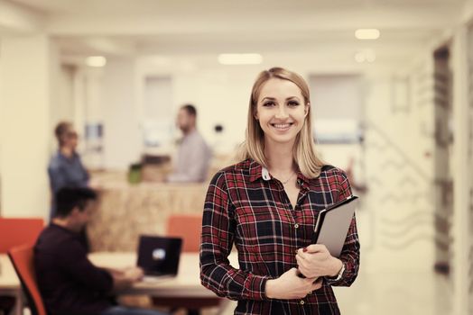 portrait of young business woman at modern startup office interior, team in meeting in background