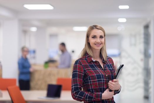 portrait of young business woman at modern startup office interior, team in meeting in background