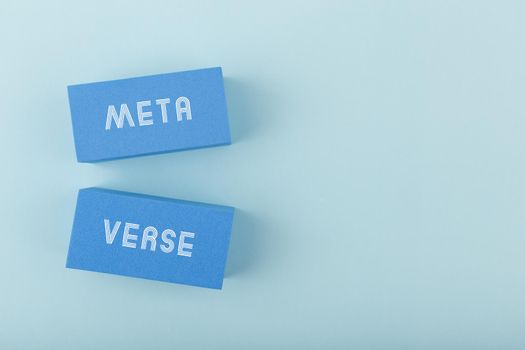 Metaverse modern minimal concept in elegant bright blue colors. Written metaverse single word on blue rectangles against blue background with copy space. Innovational future computer technologies.