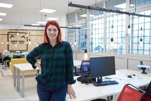 redhead business woman portrait  in creative modern coworking startup open space office
