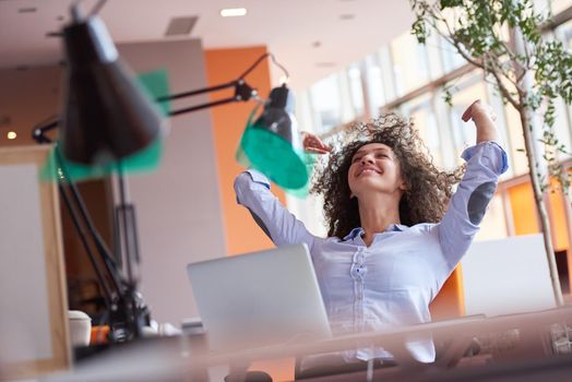 happy young  business woman with curly hairstyle in the modern office