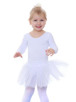 Cheerful little girl is a future gymnast, white sports dress, close-up-Isolated on white background