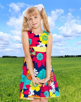 Beautiful little girl with long blonde ponytails on her head tied with white bows, bright summer dress and knee socks