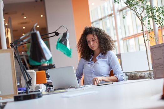 happy young  business woman with curly hairstyle in the modern office