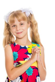 Sweet, adorable little girl with long blonde ponytails on her head tied with white bows. Close-up-Isolated on white background