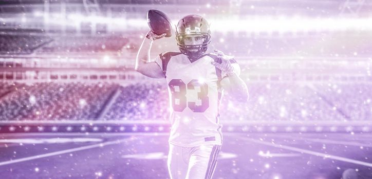 one quarterback american football player throwing ball isolated on big modern stadium field with lights and flares