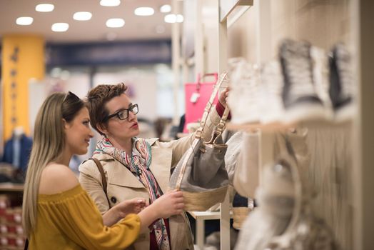 Two Girl-Friends On Shopping Walk On Shopping Centre With Bags And Choosing