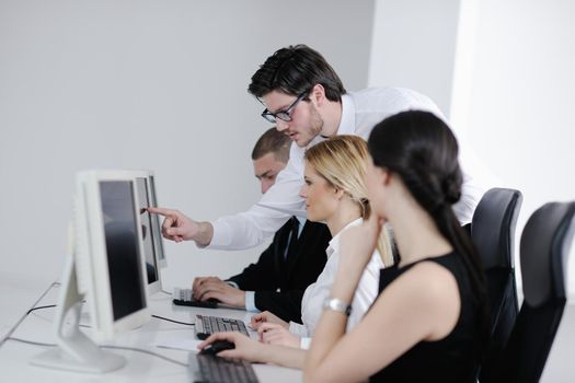 business people group with  headphones giving support in  help desk office to customers, manager giving training and education instructions