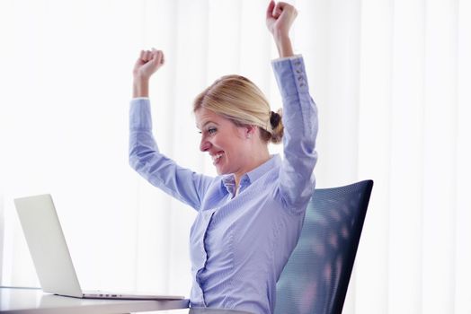 portrait of Young pretty business woman work on  notebook computer  in the bright modern office indoors