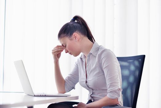 portrait of Young pretty business woman work on  notebook computer  in the bright modern office indoors