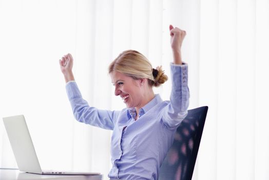 portrait of Young pretty business woman work on  notebook computer  in the bright modern office indoors