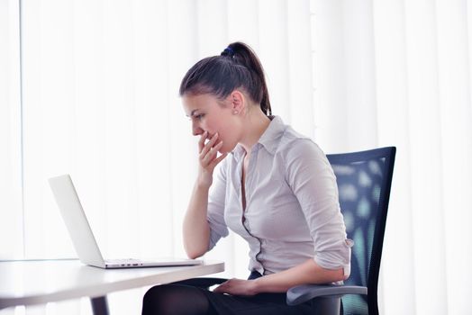 portrait of Young pretty business woman work on  notebook computer  in the bright modern office indoors