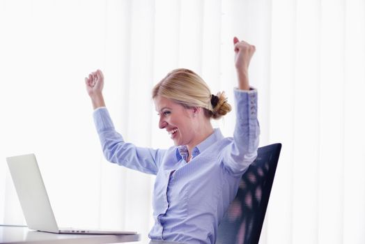 portrait of Young pretty business woman work on  notebook computer  in the bright modern office indoors