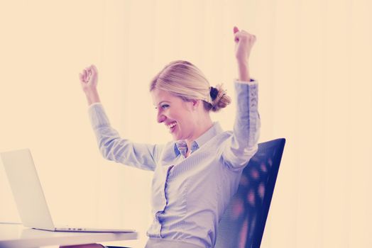 portrait of Young pretty business woman work on  notebook computer  in the bright modern office indoors