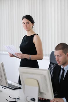 business people group with  headphones giving support in  help desk office to customers, manager giving training and education instructions