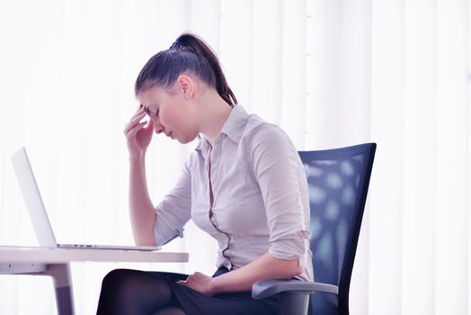 portrait of Young pretty business woman work on  notebook computer  in the bright modern office indoors