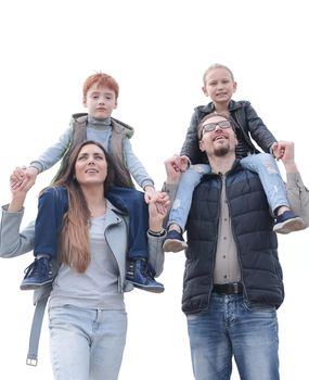 young family with two children on a walk.photo with copy space