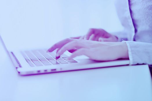 portrait of Young pretty business woman work on  notebook computer  in the bright modern office indoors