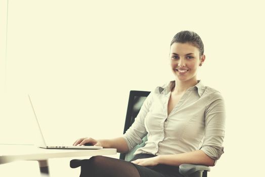 portrait of Young pretty business woman work on  notebook computer  in the bright modern office indoors