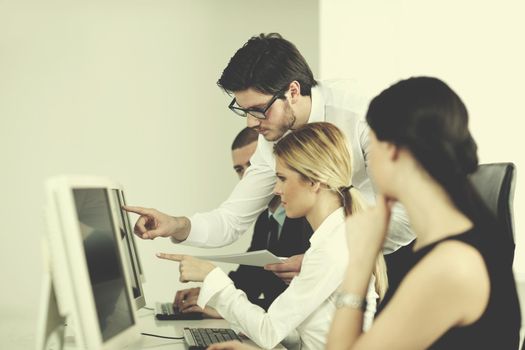 business people group with  headphones giving support in  help desk office to customers, manager giving training and education instructions