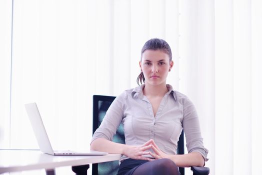 portrait of Young pretty business woman work on  notebook computer  in the bright modern office indoors