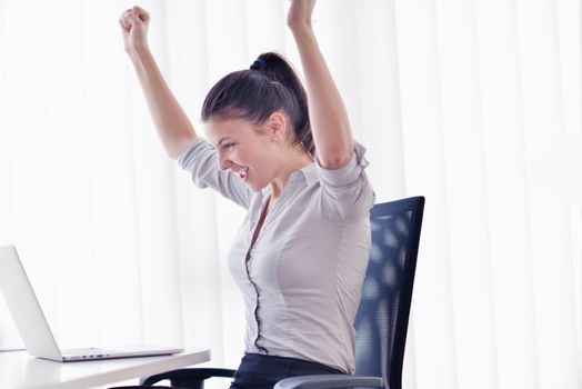 portrait of Young pretty business woman work on  notebook computer  in the bright modern office indoors