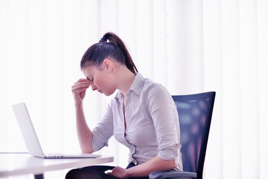 portrait of Young pretty business woman work on  notebook computer  in the bright modern office indoors