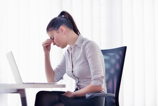 portrait of Young pretty business woman work on  notebook computer  in the bright modern office indoors