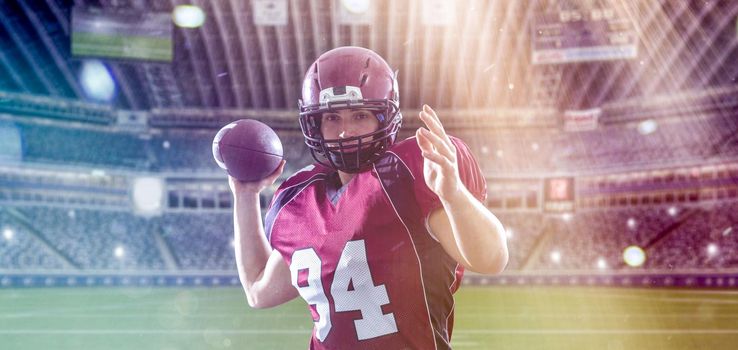 one quarterback american football player throwing ball on big modern stadium with lights and flares