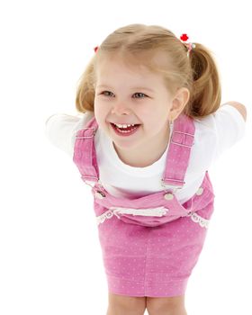 Beautiful little girl laughing. The concept of a happy childhood, emotions. Isolated on white background.