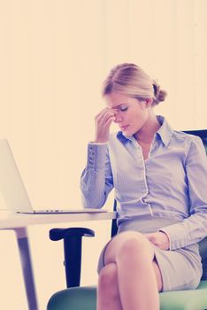 portrait of Young pretty business woman work on  notebook computer  in the bright modern office indoors