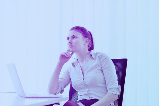 portrait of Young pretty business woman work on  notebook computer  in the bright modern office indoors