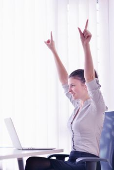 portrait of Young pretty business woman work on  notebook computer  in the bright modern office indoors