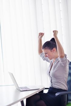 portrait of Young pretty business woman work on  notebook computer  in the bright modern office indoors