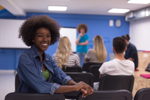 portrait of young African American business woman at modern startup office interior, team in meeting in background