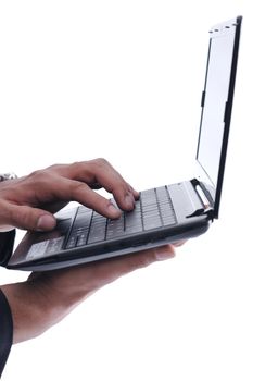 Smiling business man hold and work on mini laptop comuter   Isolated on white background in studio