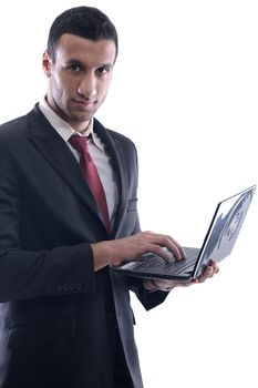 Smiling business man hold and work on mini laptop comuter   Isolated on white background in studio